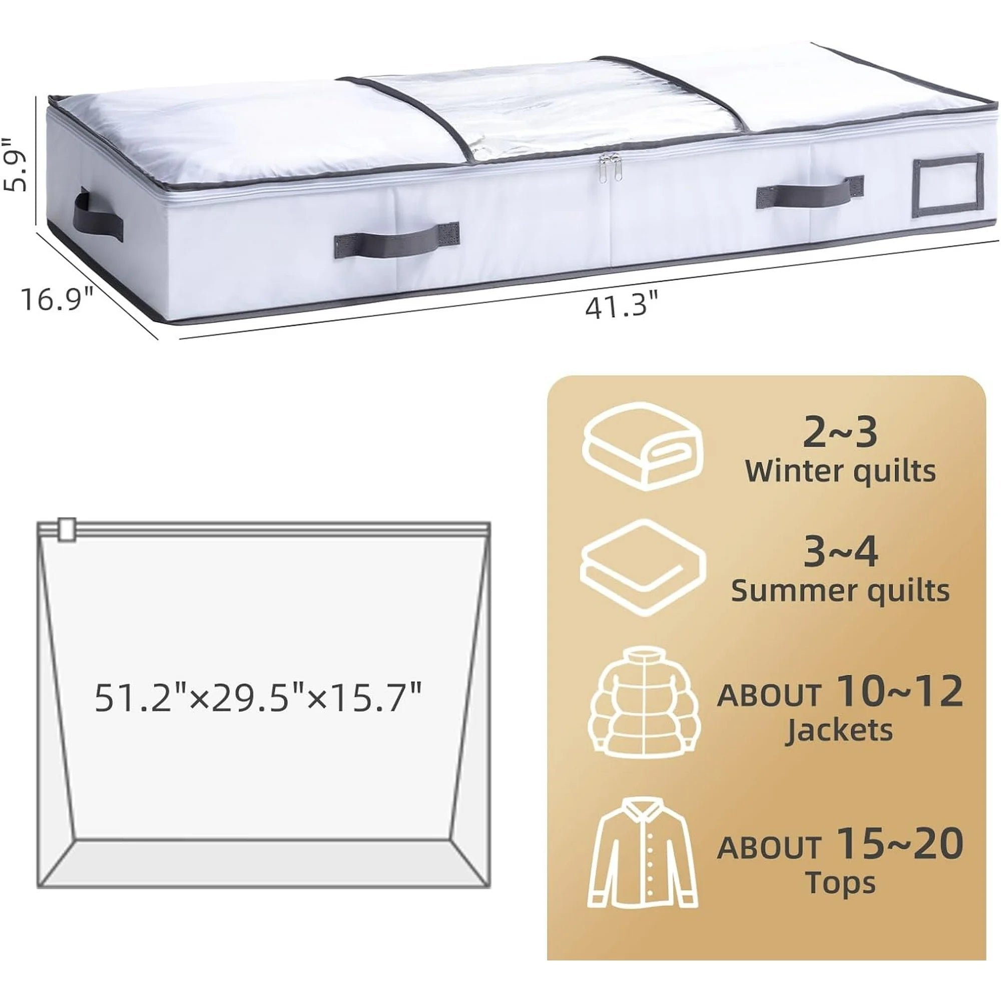 Under Bed Vacuum Seal Storage Bags, White, Large Capacity, 41 x 17.7 x 6 F755673