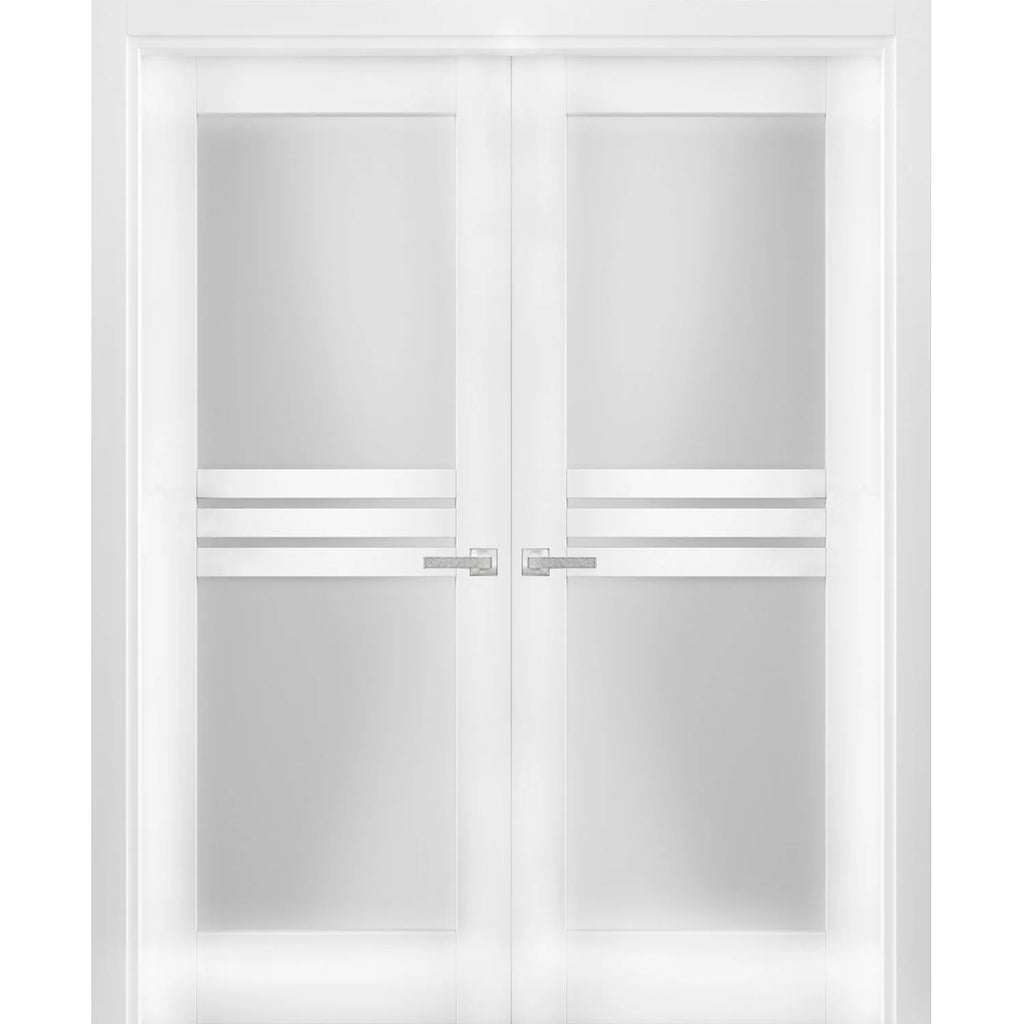 Solid French Double Doors 56 x 84 inches Opaque Glass 4 Lites White Silk Wood Solid Panel Frame U1341