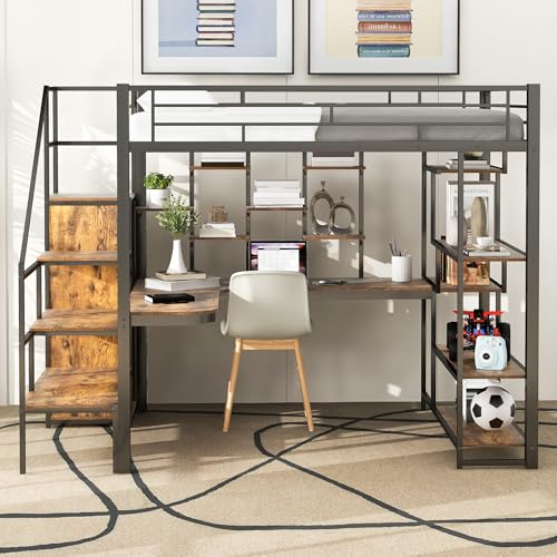 White Full Size Metal Loft Bed with Storage Staircase and Wardrobe X625827