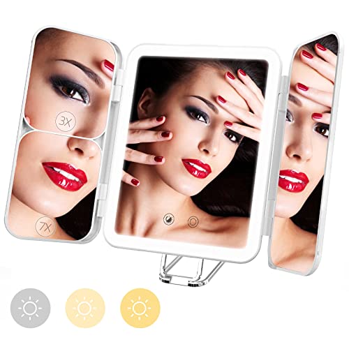 Purple Travel Makeup Mirror with 64 LED Lighted Vanity Mirror 1X 3X 7X Magnification Tri-Fold Compact Mirror Touch Light Rechargeable P629