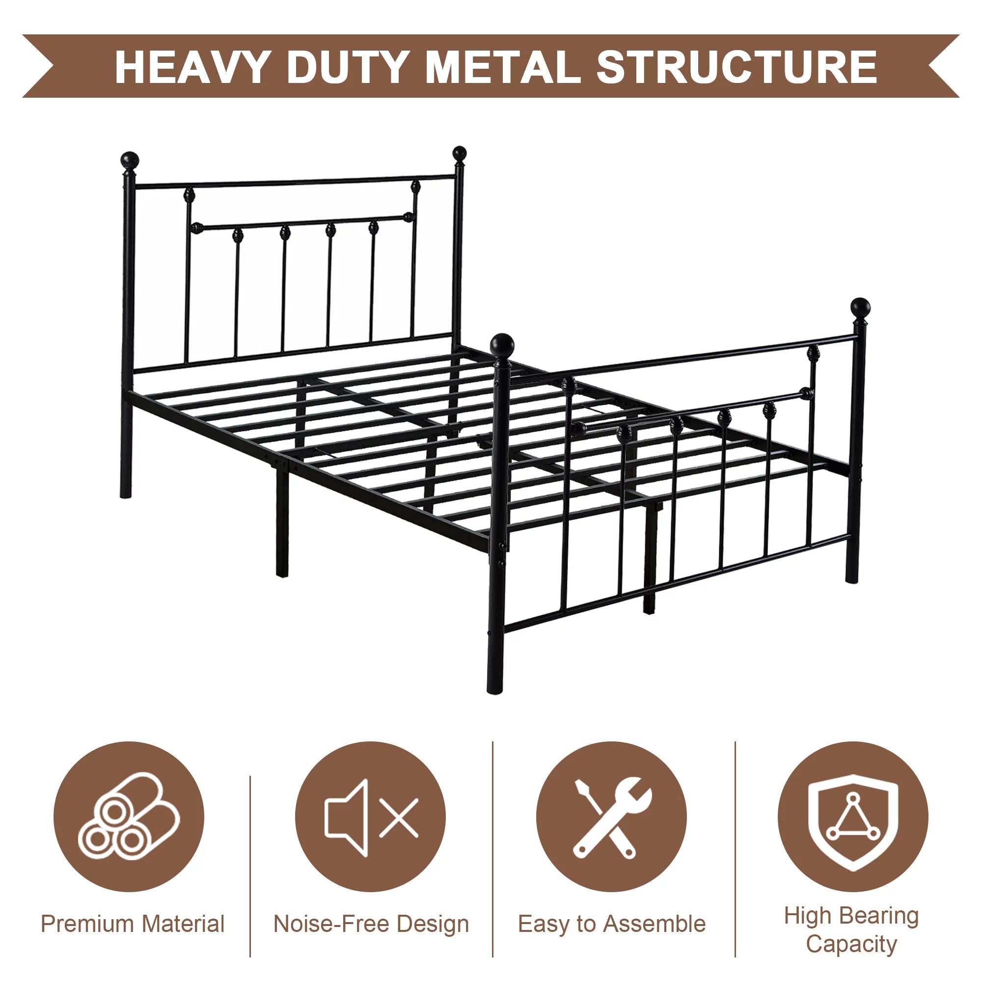 Black Queen Size Metal Bed Platform Frame with Headboard and Footboard C464564