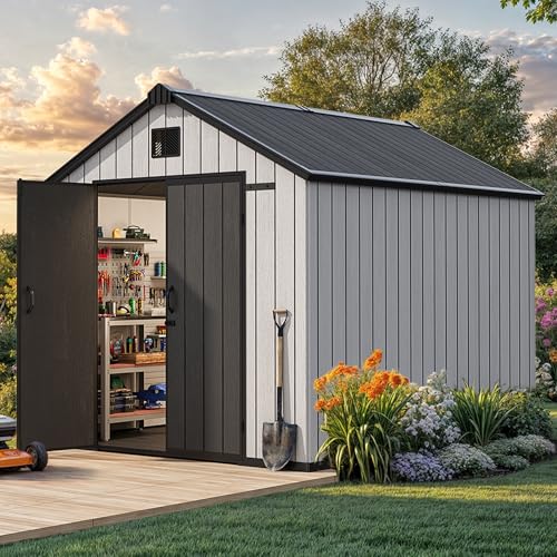 Gray 8x10 FT Outdoor Storage Shed with Lockable Door W17769