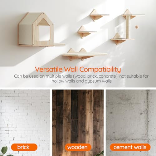 Natural Wood Cat Wall Shelves Set of 5 with House Steps Scratching Post Perch K6004