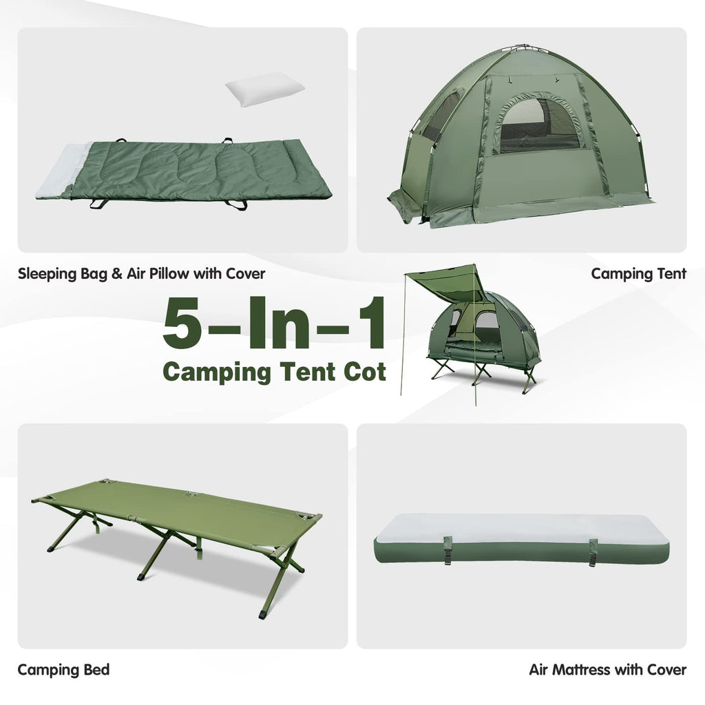 1-Person 5-in-1 Tent Cot with Air Mattress, Sleeping Bag, Carrying Bag W242