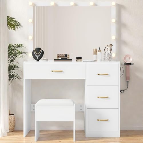 White Vanity Desk with LED Mirror and 4 Drawers T668
