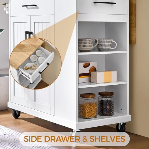 White Rolling Kitchen Island Cart with Drop Leaf, 2 Drawers H155