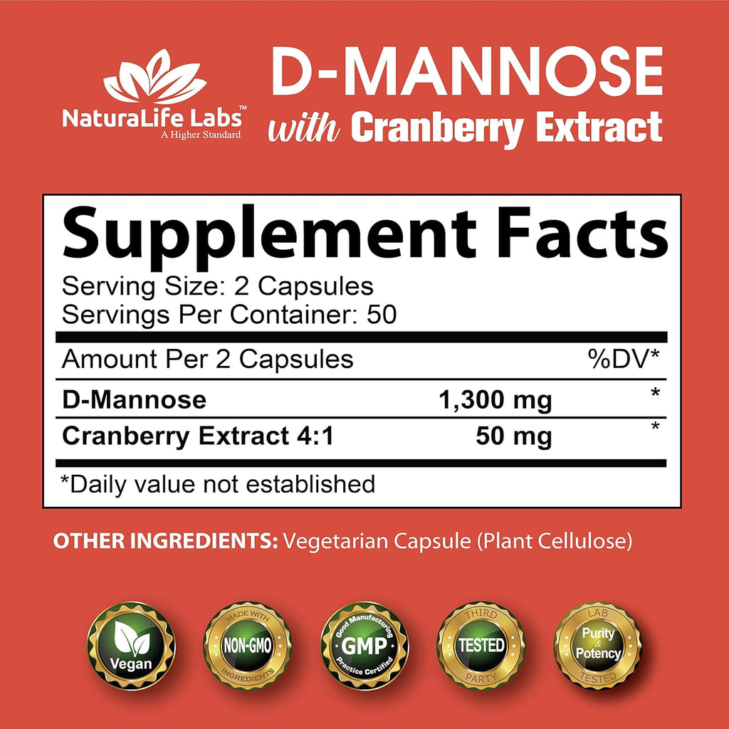 100 Veggie Capsules D-Mannose 1,300 mg with Cranberry Extract J137679