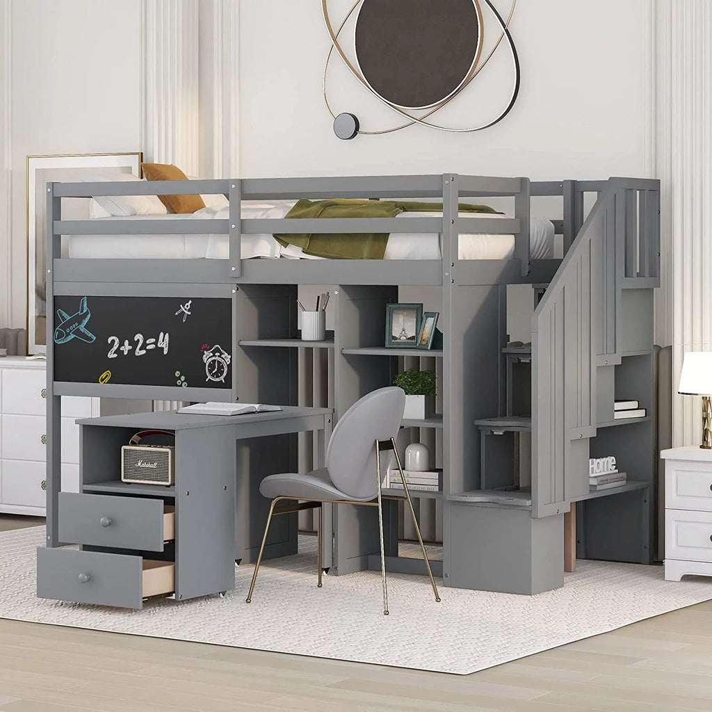 Grey Twin Size Wood Loft Bed with Desk and Storage L789126