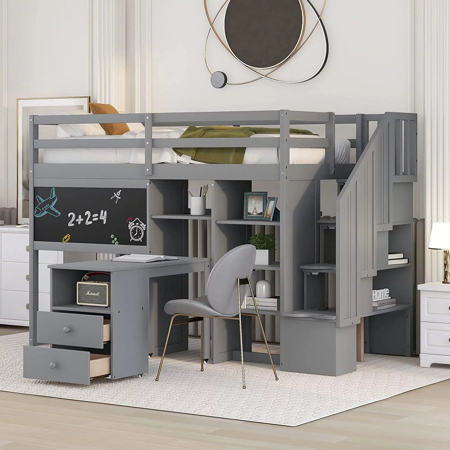 Grey Twin Size Wood Loft Bed with Desk and Storage L789126