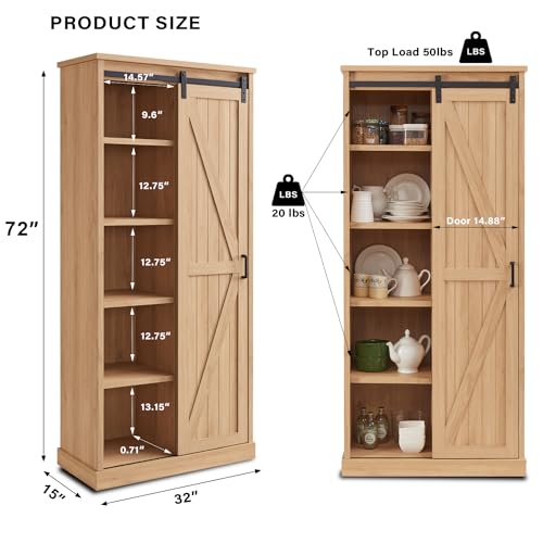 White Tall Wood Kitchen Pantry with Sliding Barn Door C96939