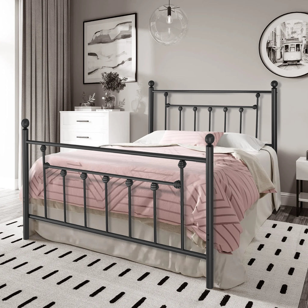 Black Queen Size Metal Bed Platform Frame with Headboard and Footboard C464564