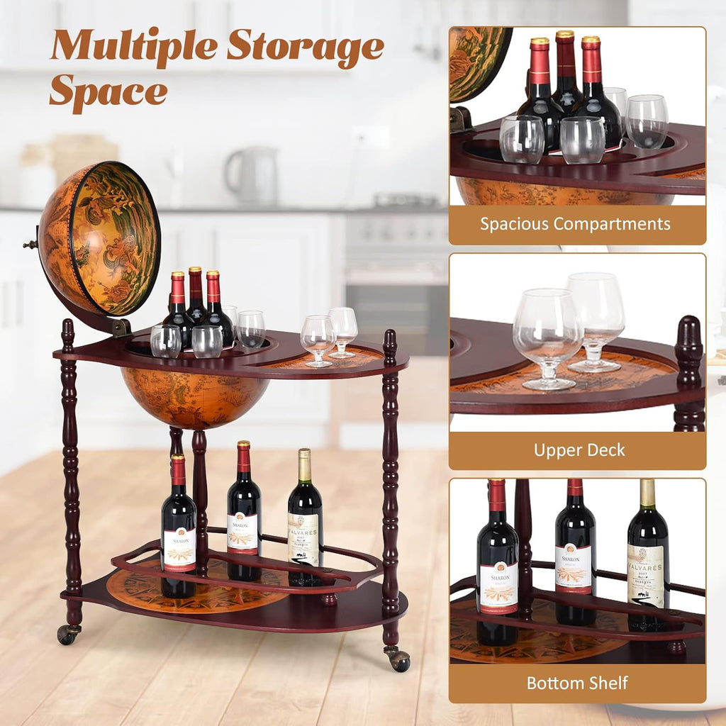34.5’’ Wine Bar Cart with Wheels, 2 Storage Shelves, Wood Liquor Cabinet F98666