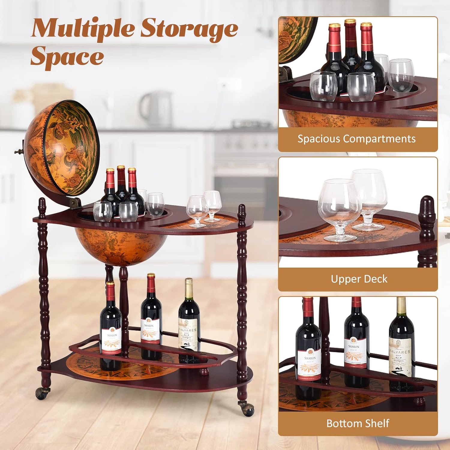 34.5’’ Wine Bar Cart with Wheels, 2 Storage Shelves, Wood Liquor Cabinet F98666