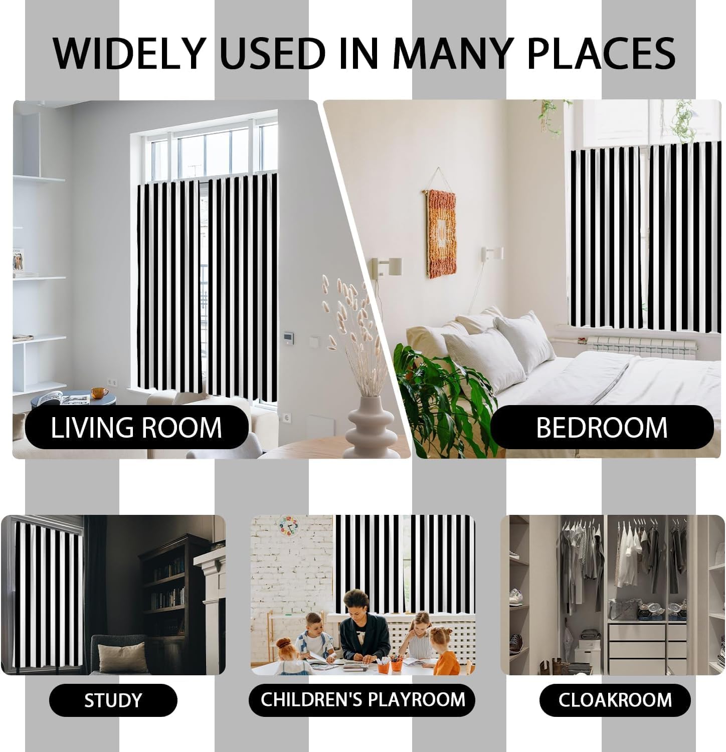 Black and White Striped 27.5" W x 39" L Kitchen Curtains 2 Panels Rod Pocket N569994