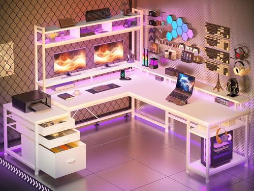 White 64" L Shaped Gaming Desk with Hutch, Drawers, Storage Shelves, Monitor Stand and LED Light G531568