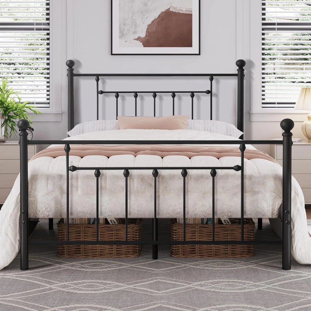 Black Queen Size Metal Bed Platform Frame with Headboard and Footboard C464564