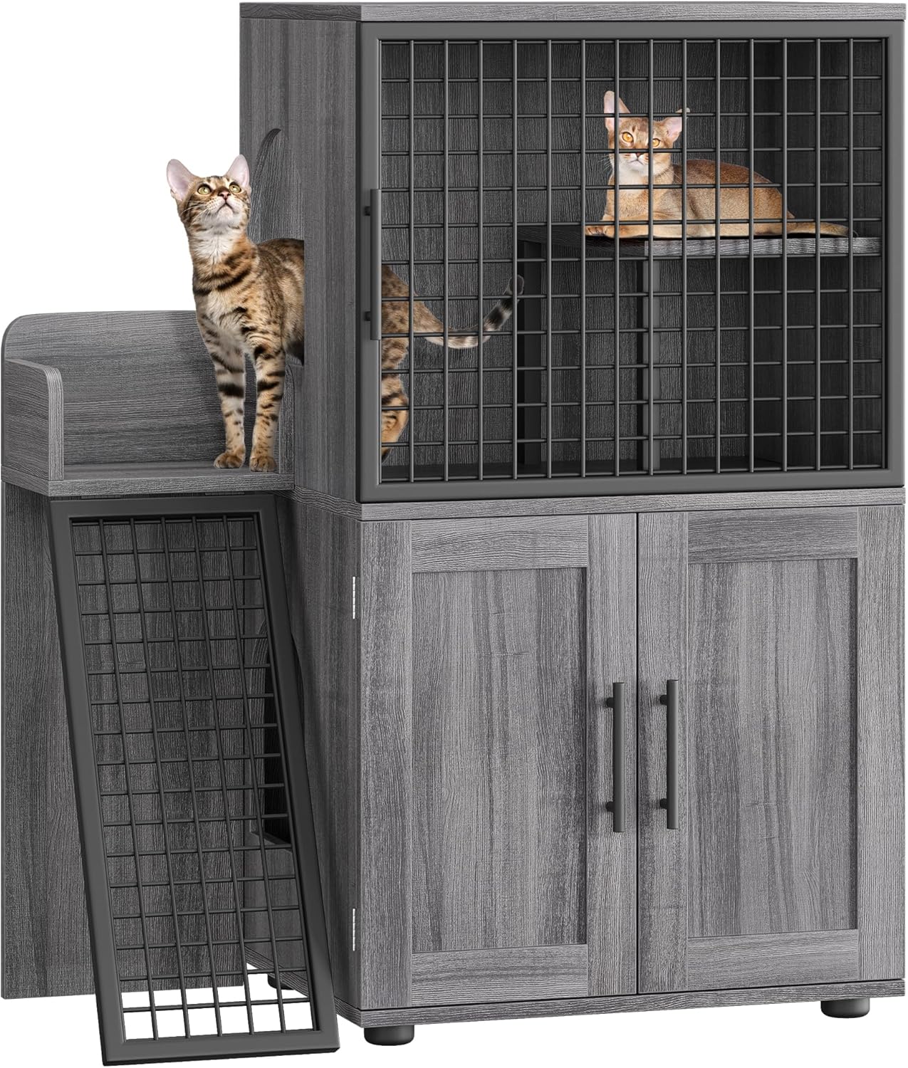 Cat Litter Box Enclosure with Platform, Double Layer Cat Litter Hidden Furniture, Large Cat Cabinet with Ladder, Wax Wood B6325