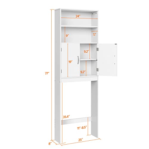White Over The Toilet Storage Cabinet with Adjustable Shelves and Double Doors, 77 in H N5151