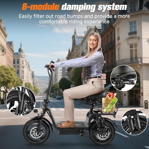 Electric Scooter with Seat, Foldable, 900W Peak Power, 20MPH, 28-Mile Range, Dual Disc Brakes, 330lbs Max Load O150997