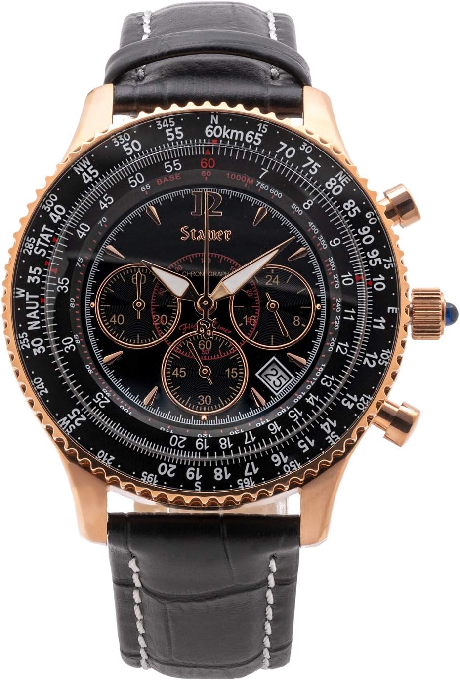 Vintage Style Chronograph Watch with Genuine Crocodile-Embossed Black Leather Band and Rose Gold Stainless Case F711