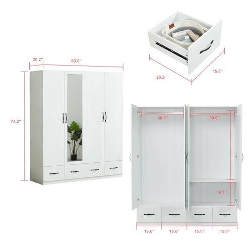 White 2 Door Wooden Wardrobe Closet with Storage Drawers I292