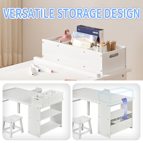White Drawing and Art Table & Chair Set with Canvas Bins and Paper Roll Rack V2911