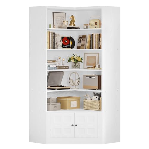 White 6 Tiers Corner Bookshelf with Door D461480
