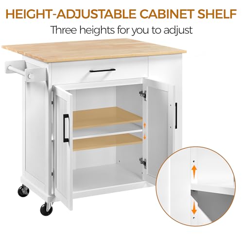 White Rolling Kitchen Island Cart with Drop Leaf, 2 Drawers H155