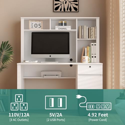 White Wood Computer Desk with Hutch, Bookshelf, Drawers, 3 AC Outlets and 2 USB Charging Ports Z2671