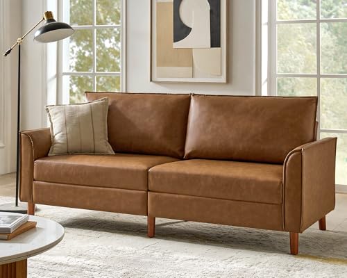 Brown Faux Leather 3-Seater Sofa with Solid Wood Legs I1454