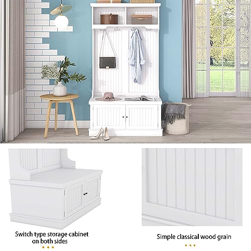 White Hall Tree with Storage Shoe Bench and 4 Hooks Y321784
