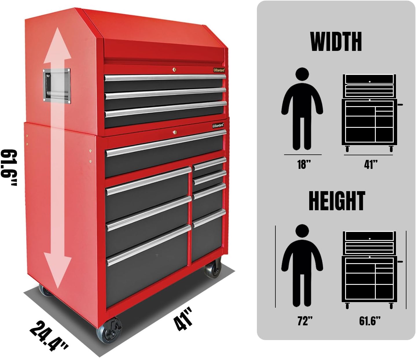 Black/Red 41-Inch 11 Drawers Heavy-Duty Steel Tool Chest and Cabinet I4302