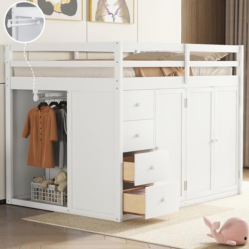 Gray Wood Loft Bed with Stairs and Wardrobe A716898
