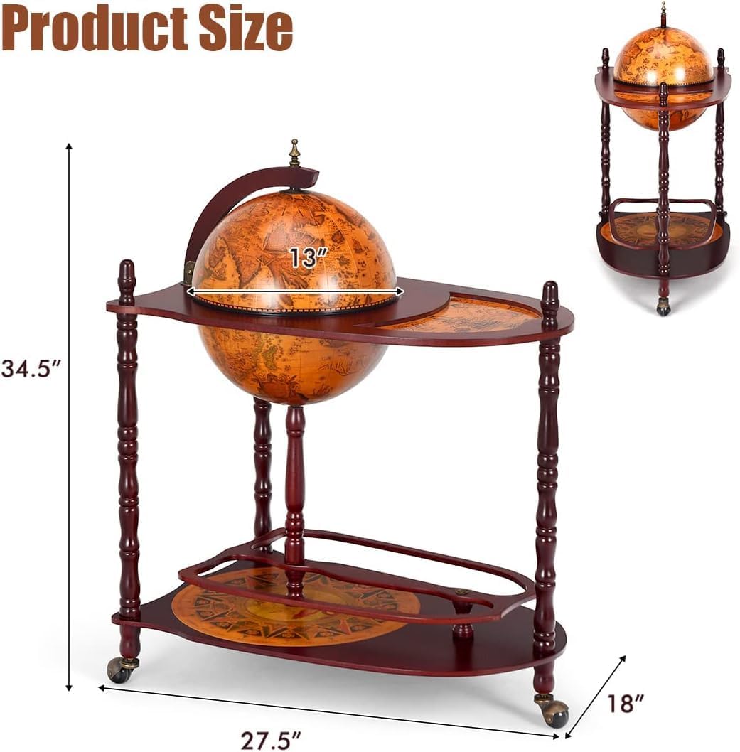 34.5’’ Wine Bar Cart with Wheels, 2 Storage Shelves, Wood Liquor Cabinet F98666