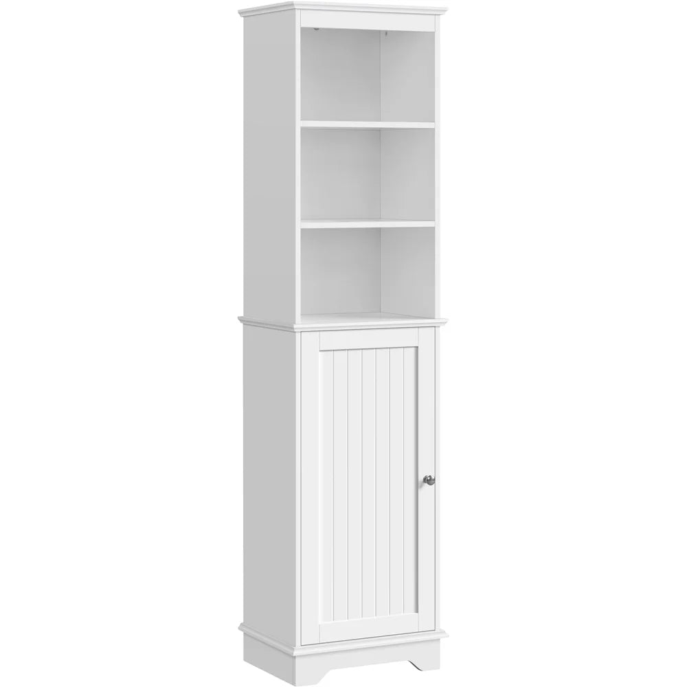 White Tall Wooden Bathroom Floor Cabinet with Single Door and Shelves D770