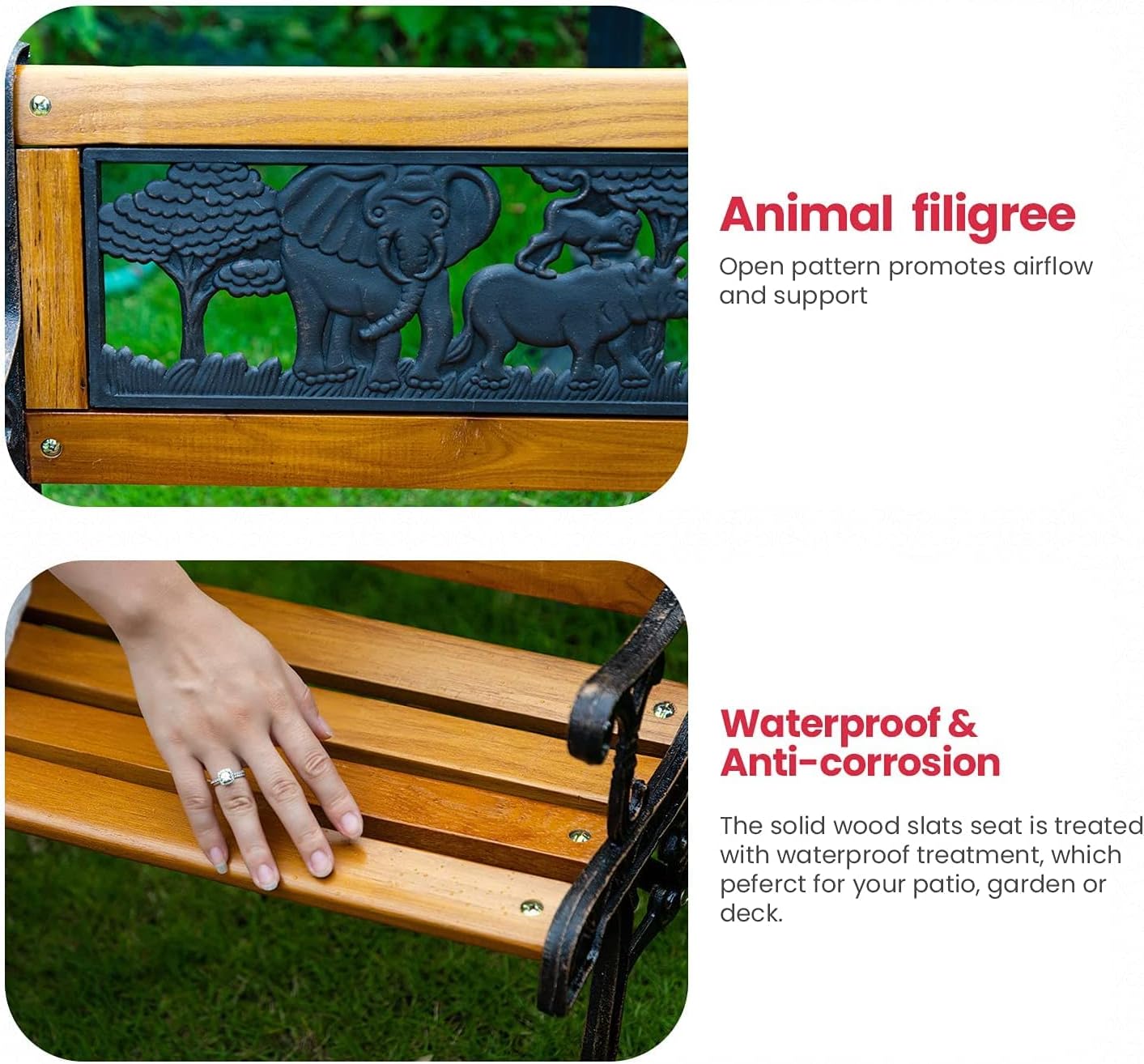 32" Wooden Garden Bench with Cast Iron Armrest O6669