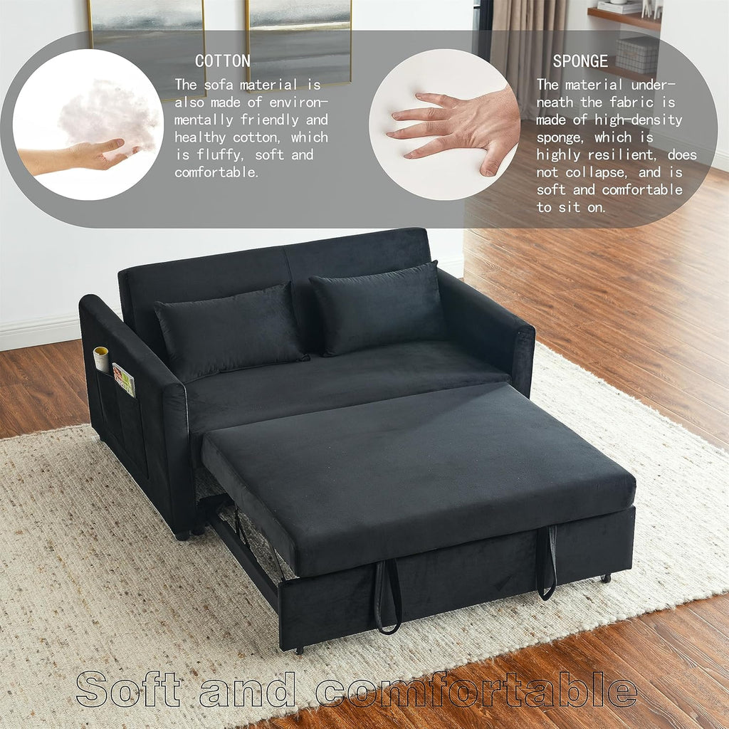 Black Velvet Convertible Sleeper Sofa with Pullout Bed J75296