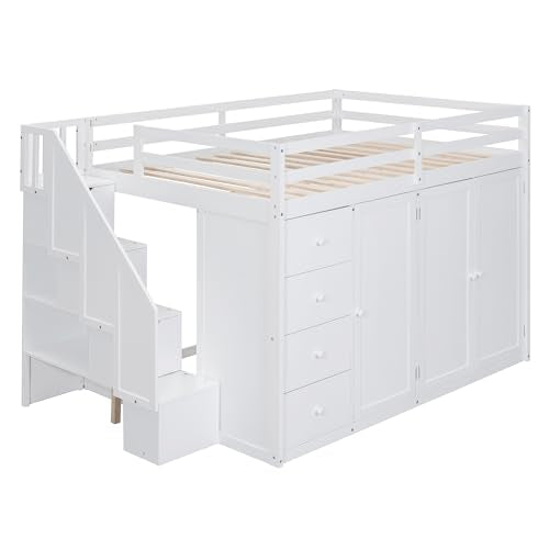Gray Wood Loft Bed with Stairs and Wardrobe A716898