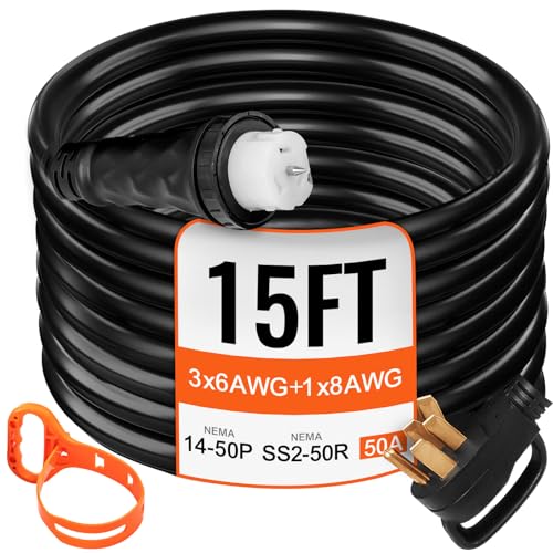 15 FT 50 Amp Generator Extension Cord NEMA 14-50P to SS2-50R & CS6364, STW 6/3+8/1 AWG 125/250V Generator Power Cord Twist Lock Connectors K1658