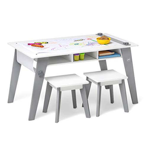 Gray Kids Arts and Crafts Table Set with Two Stools and Storage Cubbies R8926
