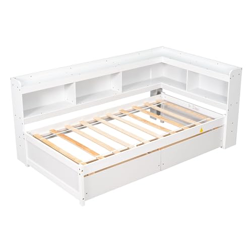 White Twin Size Wooden Bookcase Bed with Storage Drawers I7880