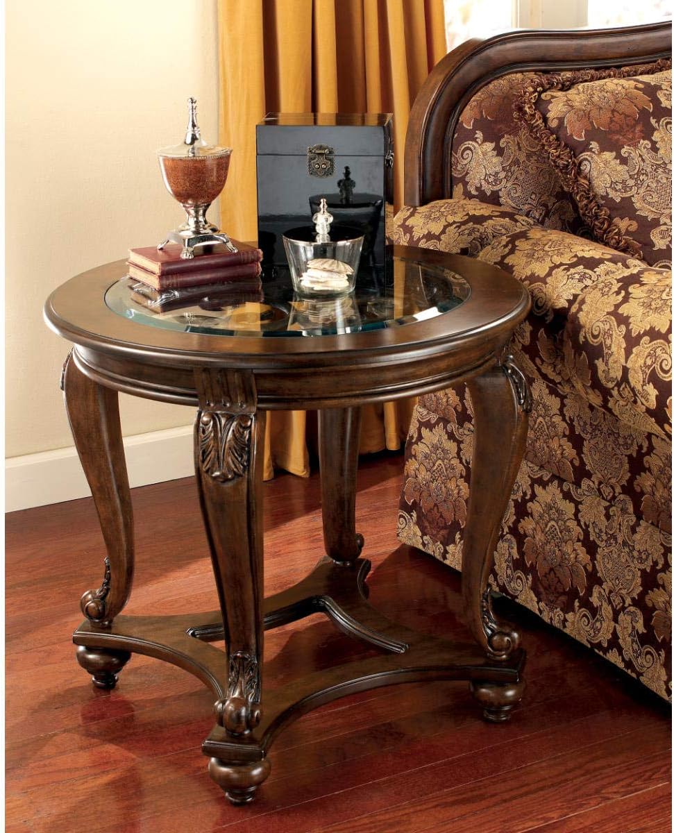 Dark Brown Half Moon Sofa Table with Beveled Glass Top O60002