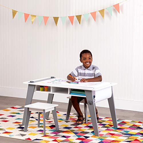Gray Kids Arts and Crafts Table Set with Two Stools and Storage Cubbies R8926