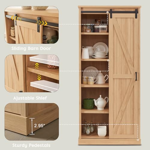 White Tall Wood Kitchen Pantry with Sliding Barn Door C96939
