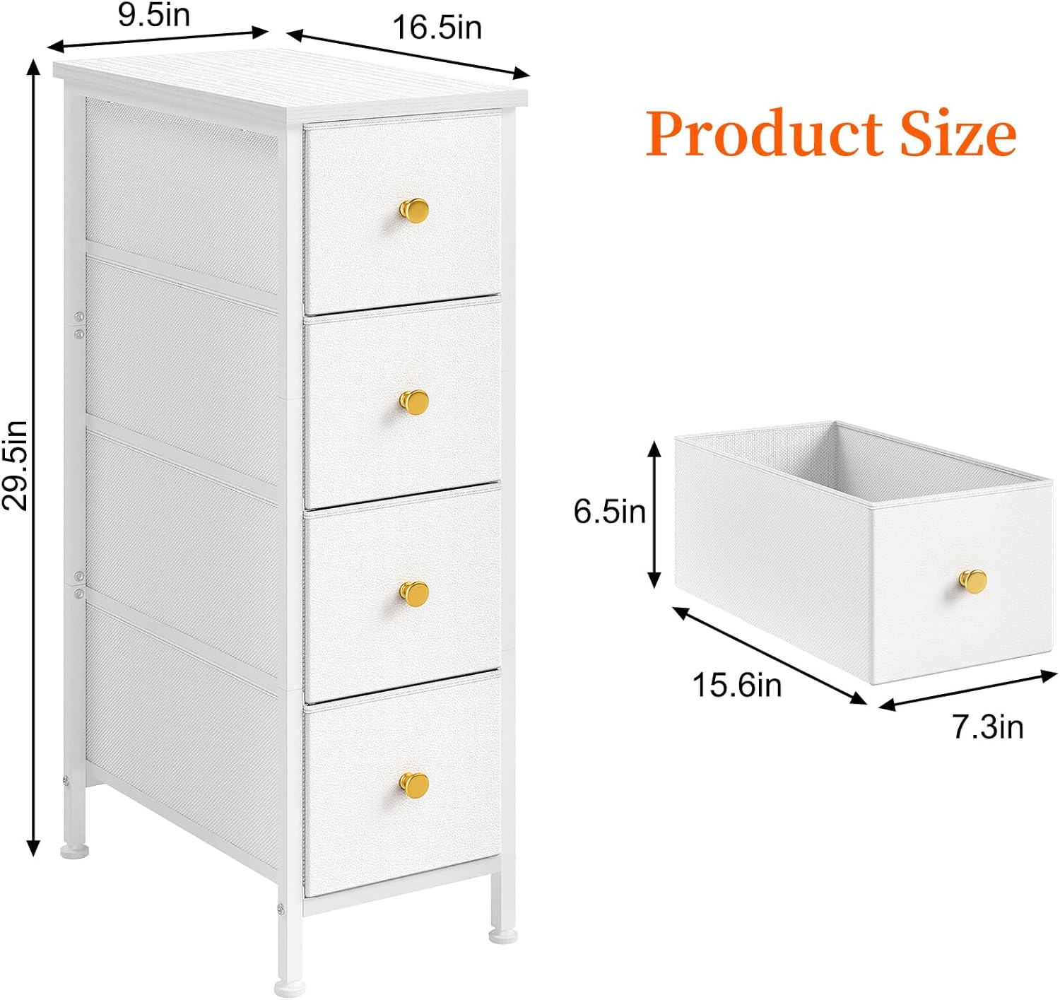 White 4 Drawer Slim Fabric Dresser with Steel Frame and Wood Top D548563