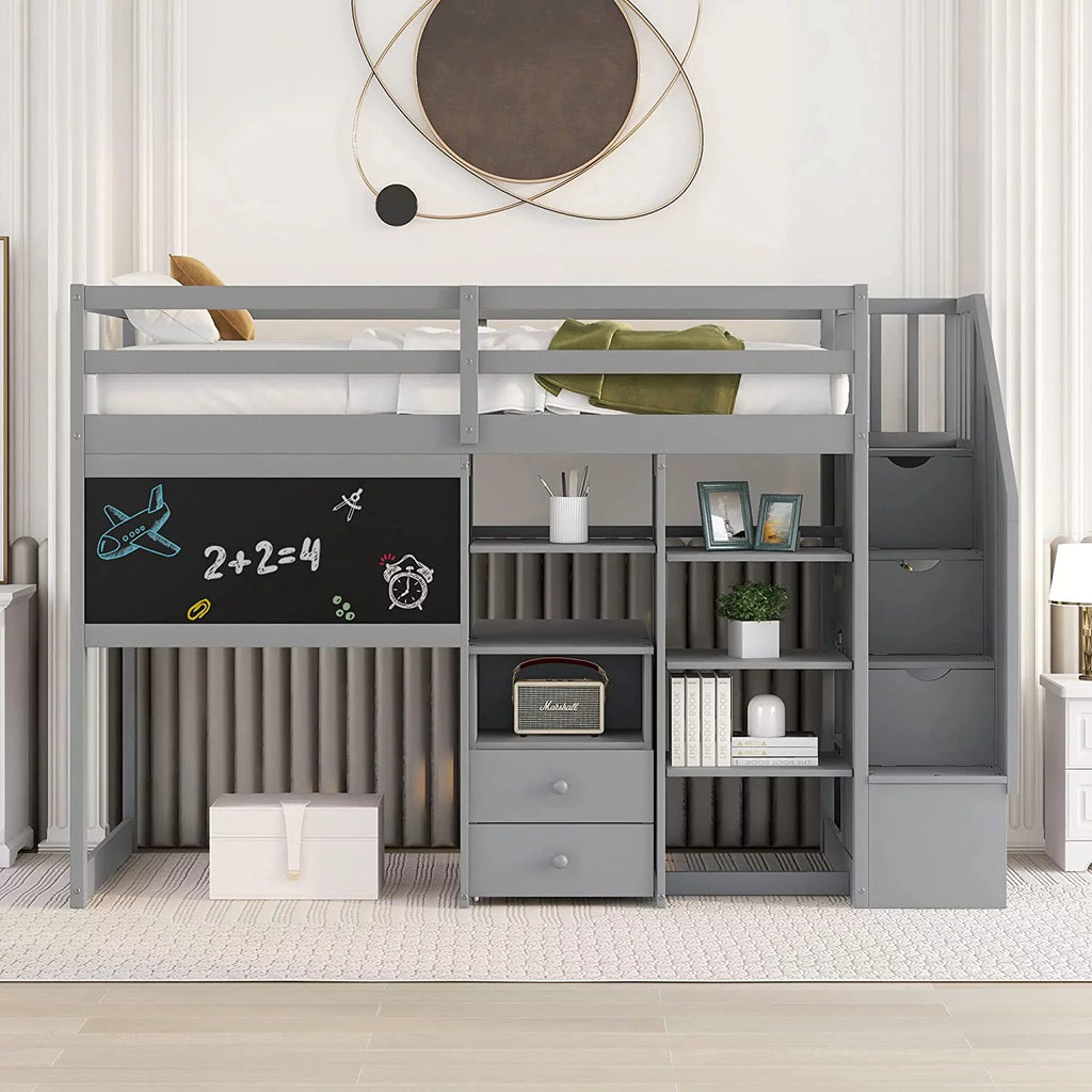 Grey Twin Size Wood Loft Bed with Desk and Storage L789126