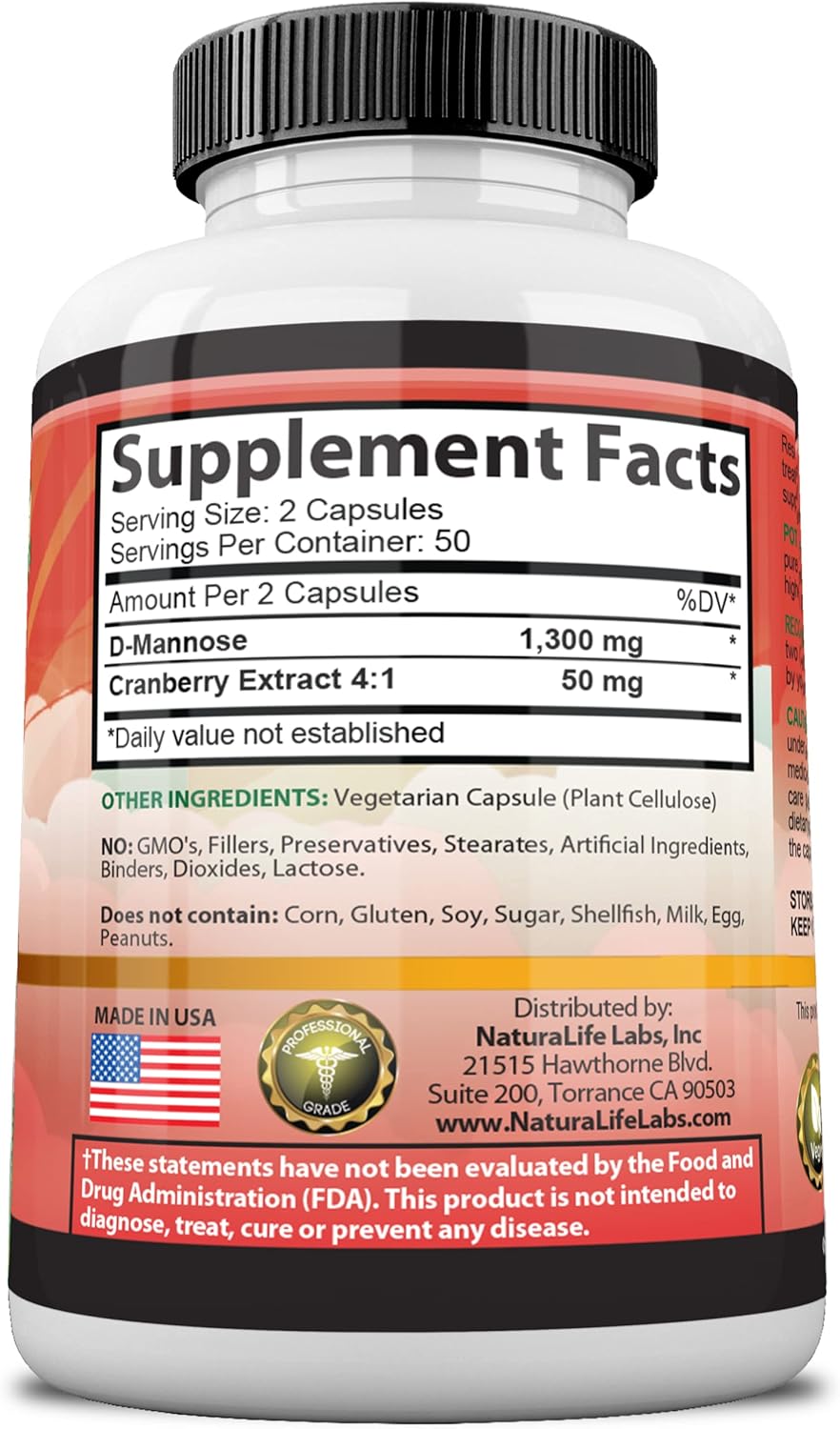 100 Veggie Capsules D-Mannose 1,300 mg with Cranberry Extract J137679