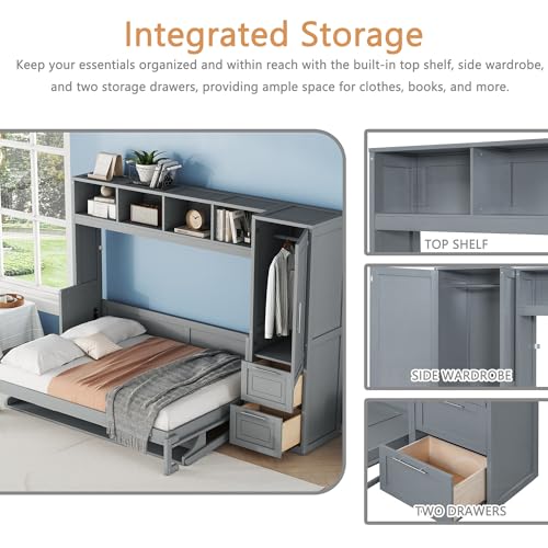 Gray Murphy Cabinet Storage Wall Bed with Closet and Drawers and Built-in Top Shelf R4609