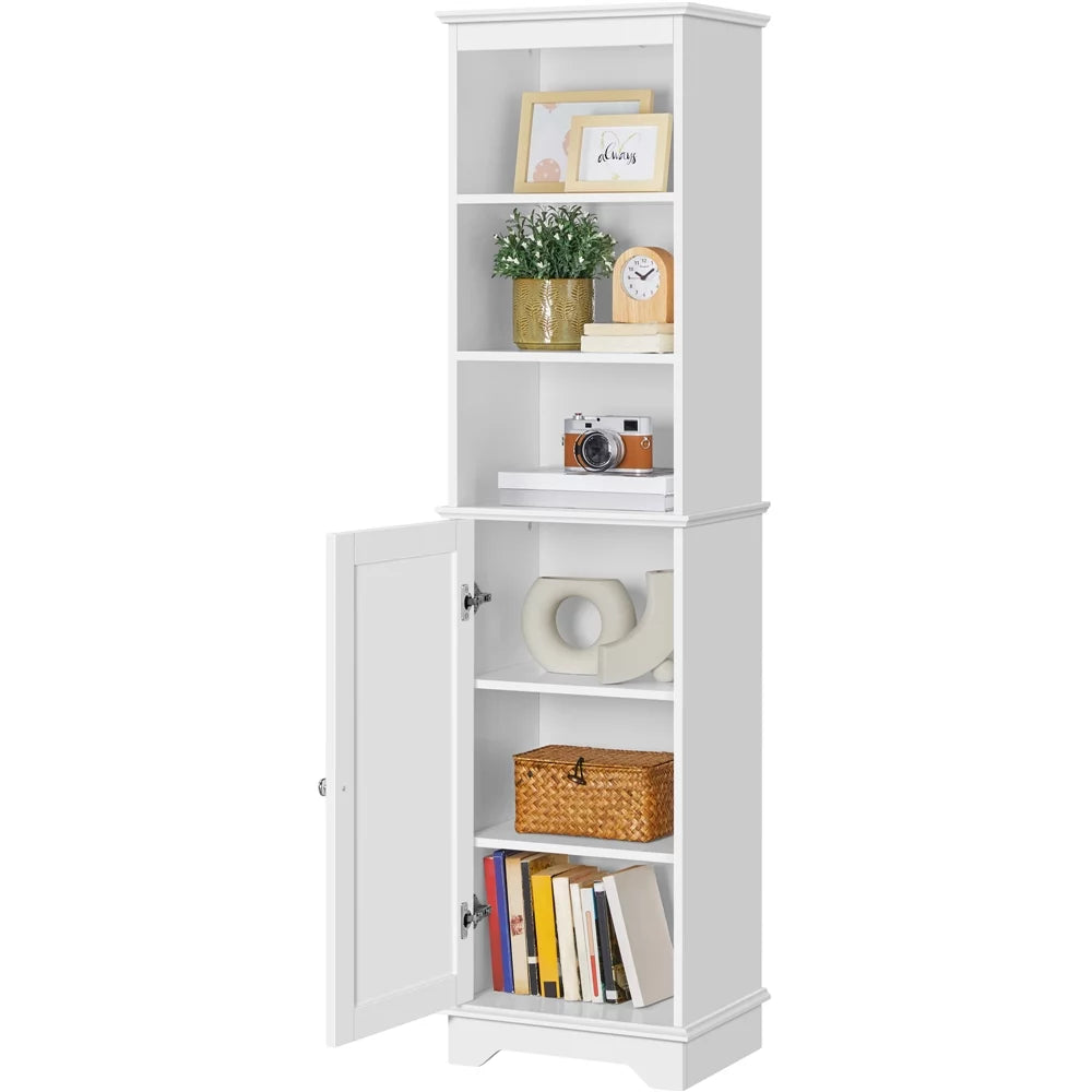 White Tall Wooden Bathroom Floor Cabinet with Single Door and Shelves D770