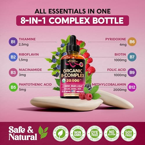 USDA Organic Vitamin B12 Sublingual Drops 5000 mcg Liquid Vegan Methylcobalamin 2 fl oz U402444